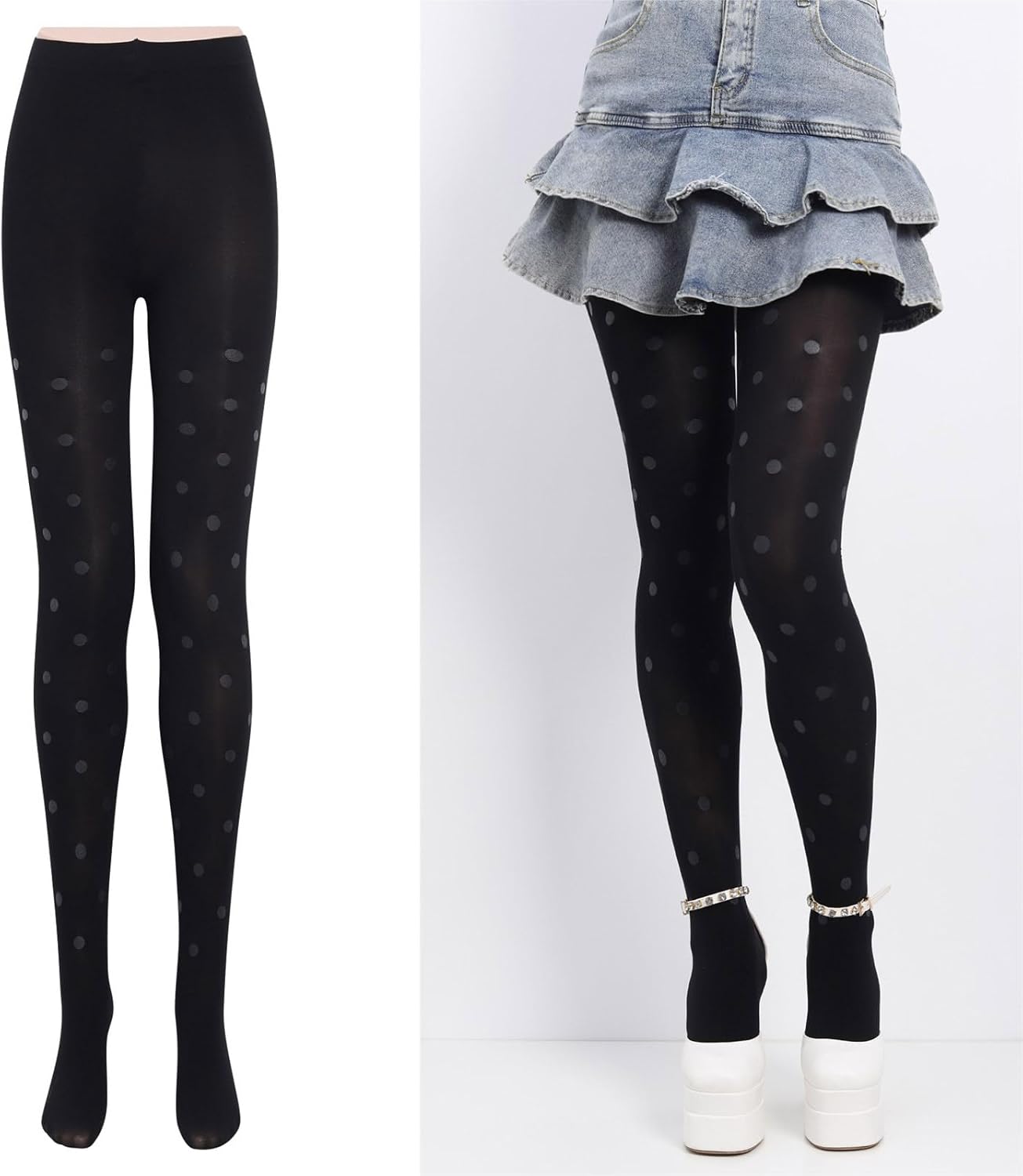 White Vintage Dot Patterned Footed Tights Japanese Style Thin Silky Pantyhose Opaque Stockings for Women Girls - Image 9