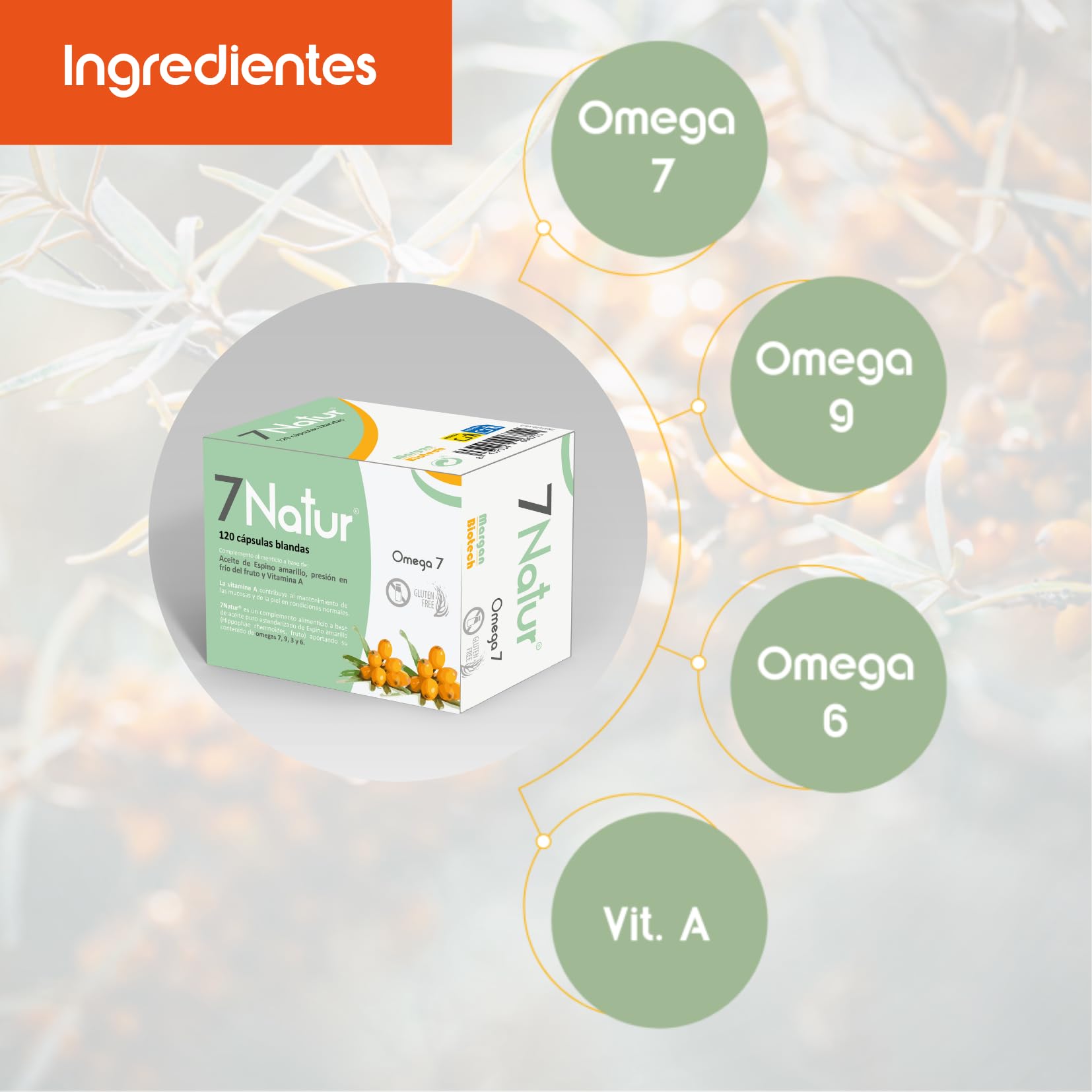 7Natur® de Margan Bioetch, 120 cápsulas | Omega 7 + Omega 6 + Omega 9 + Vitamina A | Aceite de Espino Amarillo (Hippophae Rhamnoides L., Fruto) | Alta Concentración de Omega 7