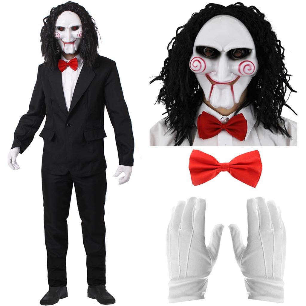 LOVETRENDS Adults Scary Puppet Costume – Black Suit, Mask, Wig, Gloves & Bowtie – Puzzle Game Horror Movie Halloween Outfit for Spooky Fancy Dress, Party & Cosplay
