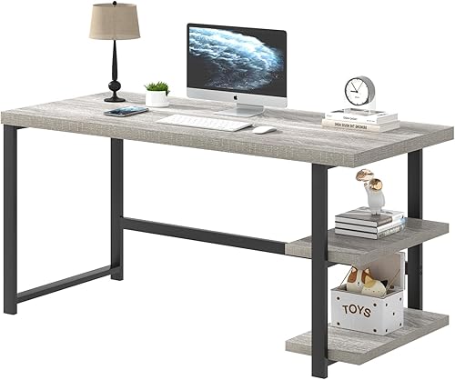 Miniatura 44 de FOLUBAN Escritorio de oficina en casa, escritorio moderno para computadora con estante de almacenamiento, mesa de estudio de madera para juegos para