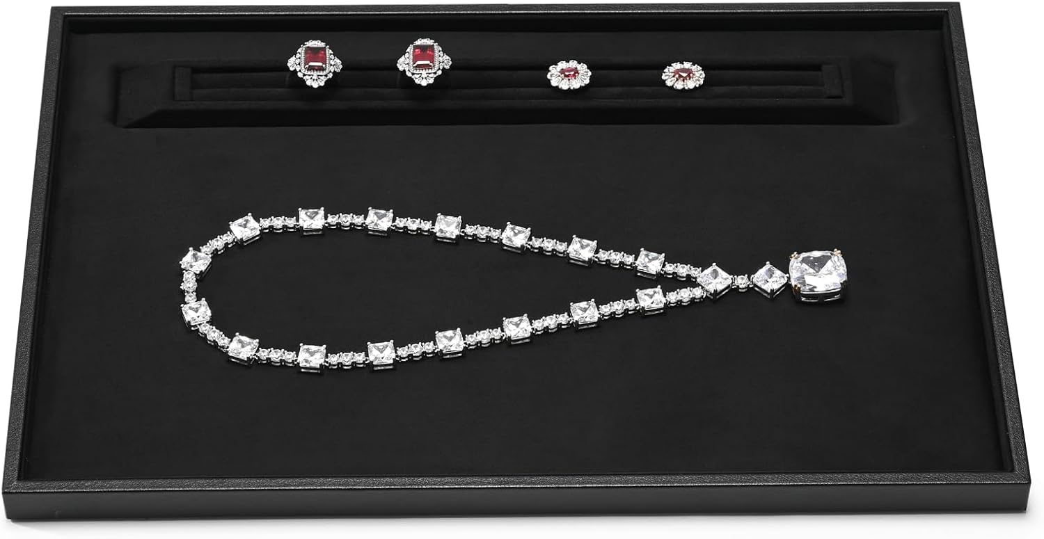 Oirlv Premium Leather Jewelry Showcase Tray, Velvet Display Organizer Professional Retail & Home Presentation Tray, Black Large