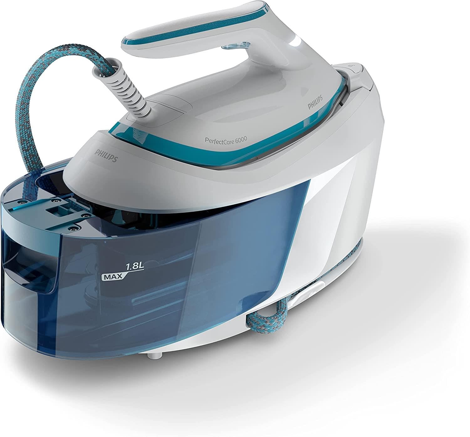 Philips PerfectCare Serie 6000 Generador De Vapor - 2400 W, 500 g De Impulso De vapor, 6,5 Bares De presión, Tecnología OptimalTEMP, Depósito De 1,8 L, Blanco/Azul (PSG6022/20)
