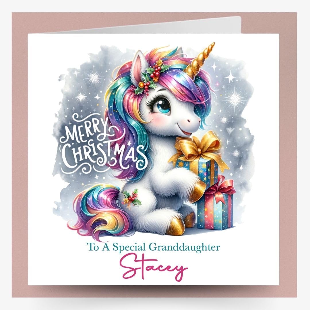 Unicorn Christmas Card Personalised for Daughter Granddaughter Niece Sister Goddaughter Pink Girls Card With Optional Matching Badge & Money Wallet (Large Card Only)