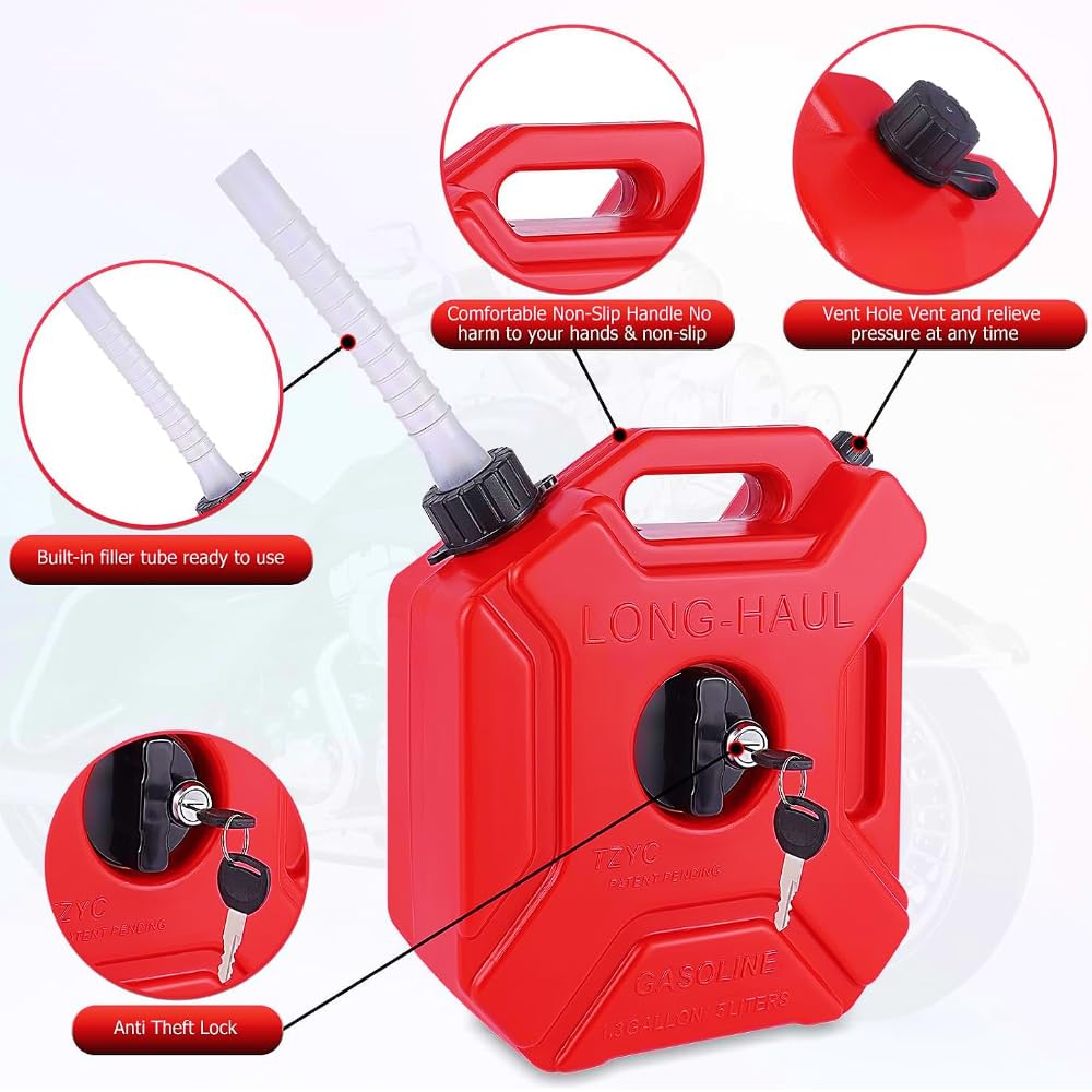 5 Litre Bidón de Gasolina Tanque de Combustible Portátil Gasolina Almacenamiento Depósito de Combustible Diesel Tanque de Gas con Tubo Soporte para Motocicleta Coche UTV ATV