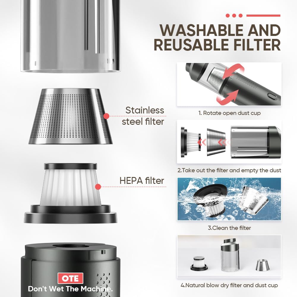 4-en-1 Aspirateur Voiture Puissant sans Fil, 23KPA Mini Aspirateur a Main sans Fil avec Moteur Brushless, 2 Niveaux Réglables, Souffleur Air Comprimé Nettoyage PC