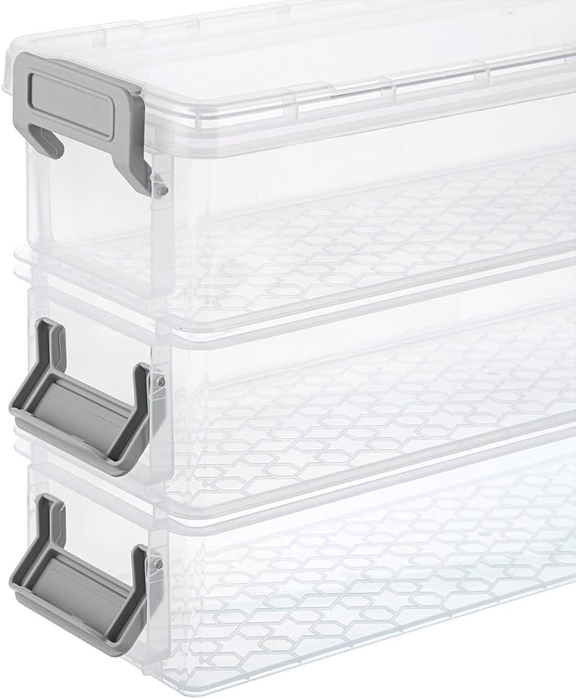 BTSKY Long Plastic Stackable Boxes Home, Office Supplies Storage Organizer Pencil Box Plastic Organizer Holder for Gel Pens Erasers Tape Pens Pencils Markers etc- 3 Pack - Clear with Grey Clip - Image 5