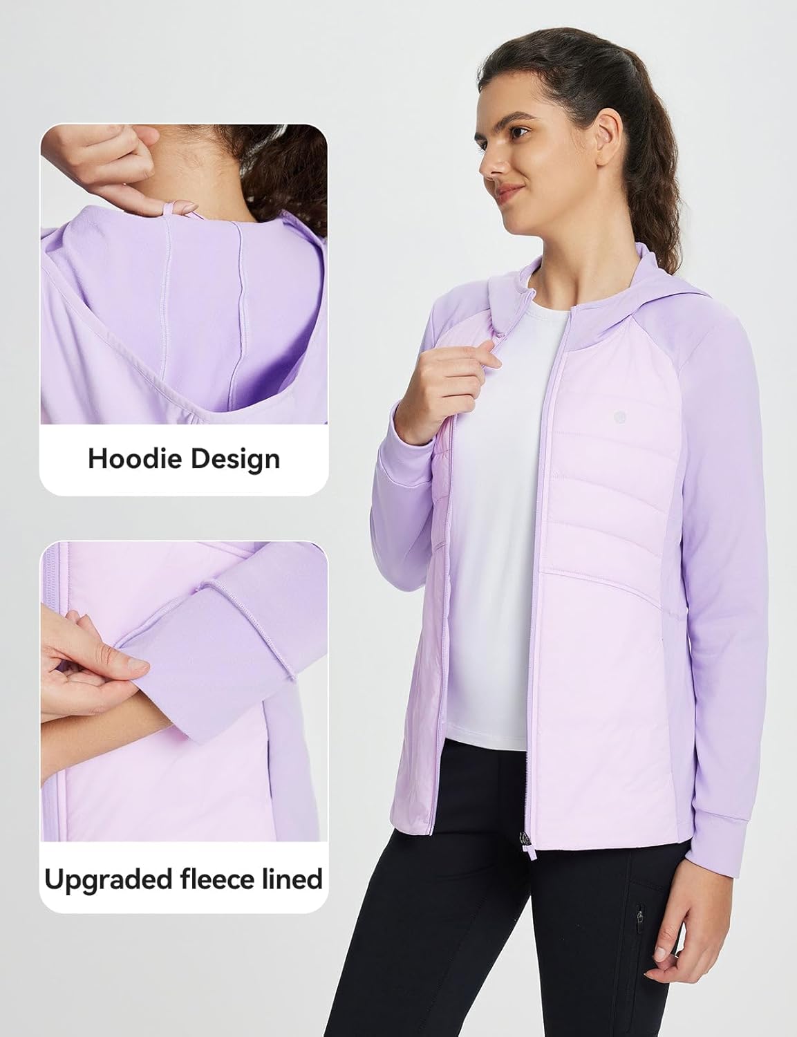 baleaf Women's Running Winter Jacket with Hood Warm Lightweight Insulated Hybrid Jackets Puffer Zip Pockets Hiking Skiing - Image 6