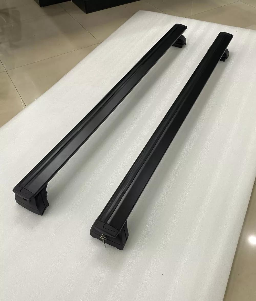 Two black roof rack cross bars with mounting feet