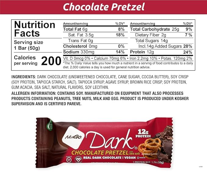 Variety Pack Dark Protein Bars – "Made for NuGo Nutrition" – 12 Count. Flavors include Pretzel, Mint, Chocolate Chip, Mocha, Peanut Butter, Coconut, or Almond. Kosher Pareve, Dairy-Free, Vegan, and Gluten-Free. Packaging by The Kitchen Queen, High Protein Bars 12 Ct.