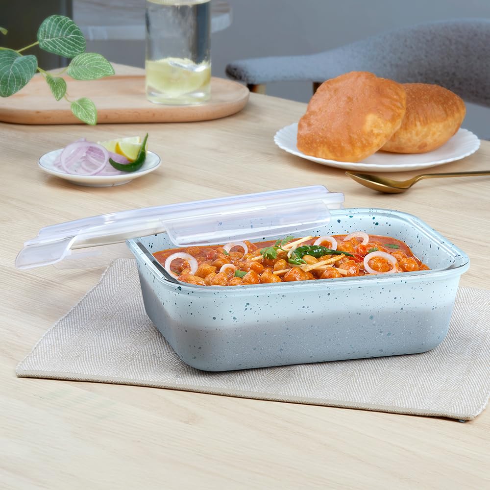 Borosil 1.52 L Blue Food Storage Container with Air Tight Lid | Rectangle Shape Borosilicate Glass Organiser | Microwave & Dishwasher Safe | For Fridge, Kitchen Storage