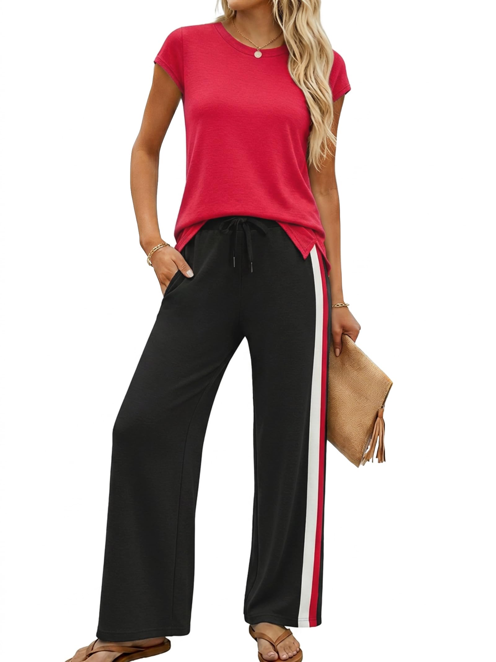 Casly Lamiit Women's 2 Piece Outfits Travel Set Track Suits Summer Short Sleeve Tracksuits Lounge Sets Travel Outfits Red S
