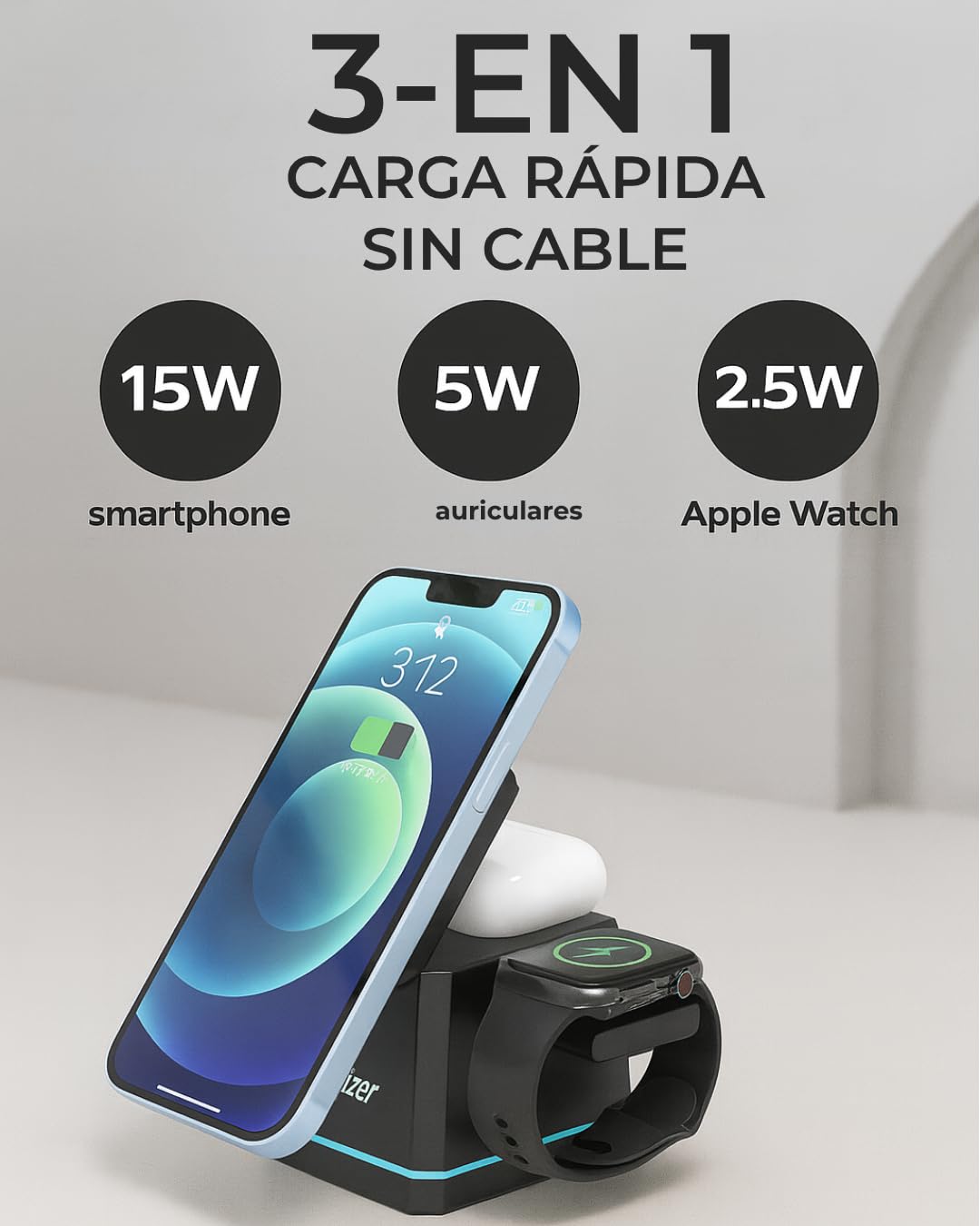 Energizer WCP307 3-1 Cargador de escritorio inalámbrico de 15 W | Carga rápida para smartphone, auriculares y Apple Watch, compatible con MagSafe, soporte plegable con soporte ajustable, USB-C, seguro