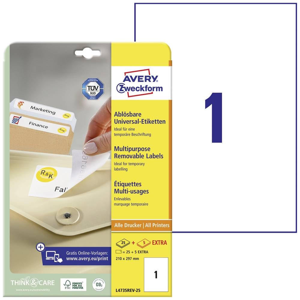 Avery Zweckform L4735REV Universal Labels (25 A4 Removable Labels 210 x 297 mm 25 Sheets White