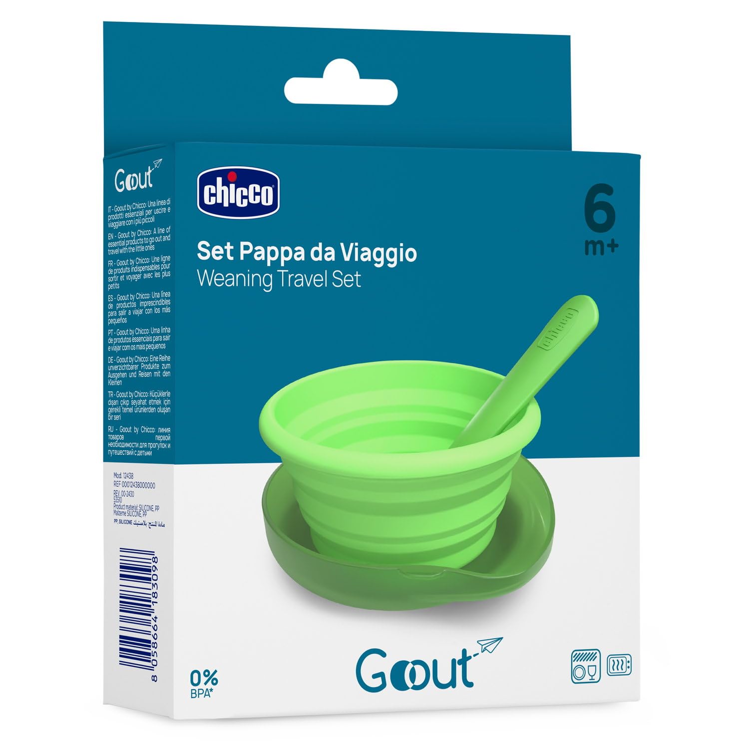 Chicco Set de Comida de Viaje, Plato plegable de silicona de 250 ml, Cuchara práctica, Funda compacta, Ideal para viajar, Kit de comida portátil, Cómodo y fácil de transportar, 6 meses+, Verde