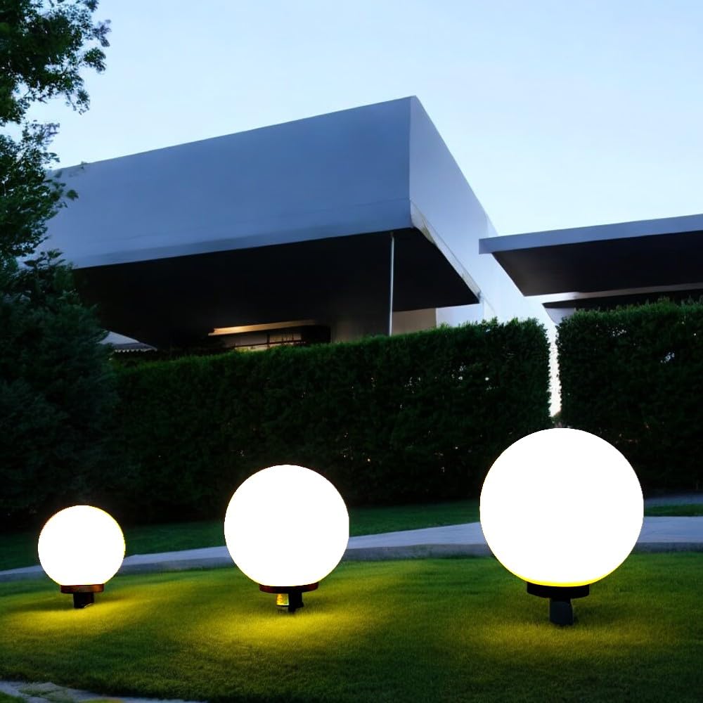 Dapo 3x LED-Garten-Kugel-Leuchte MARLON D:20+30+40cm Kunststoff-Kugel weiß mit Erdspieß, STROMBETRIEB inkl. LED E27x1 à 5W, IP44 Dekorations-Party-Wege-Pfad-Leuchte-Lampe