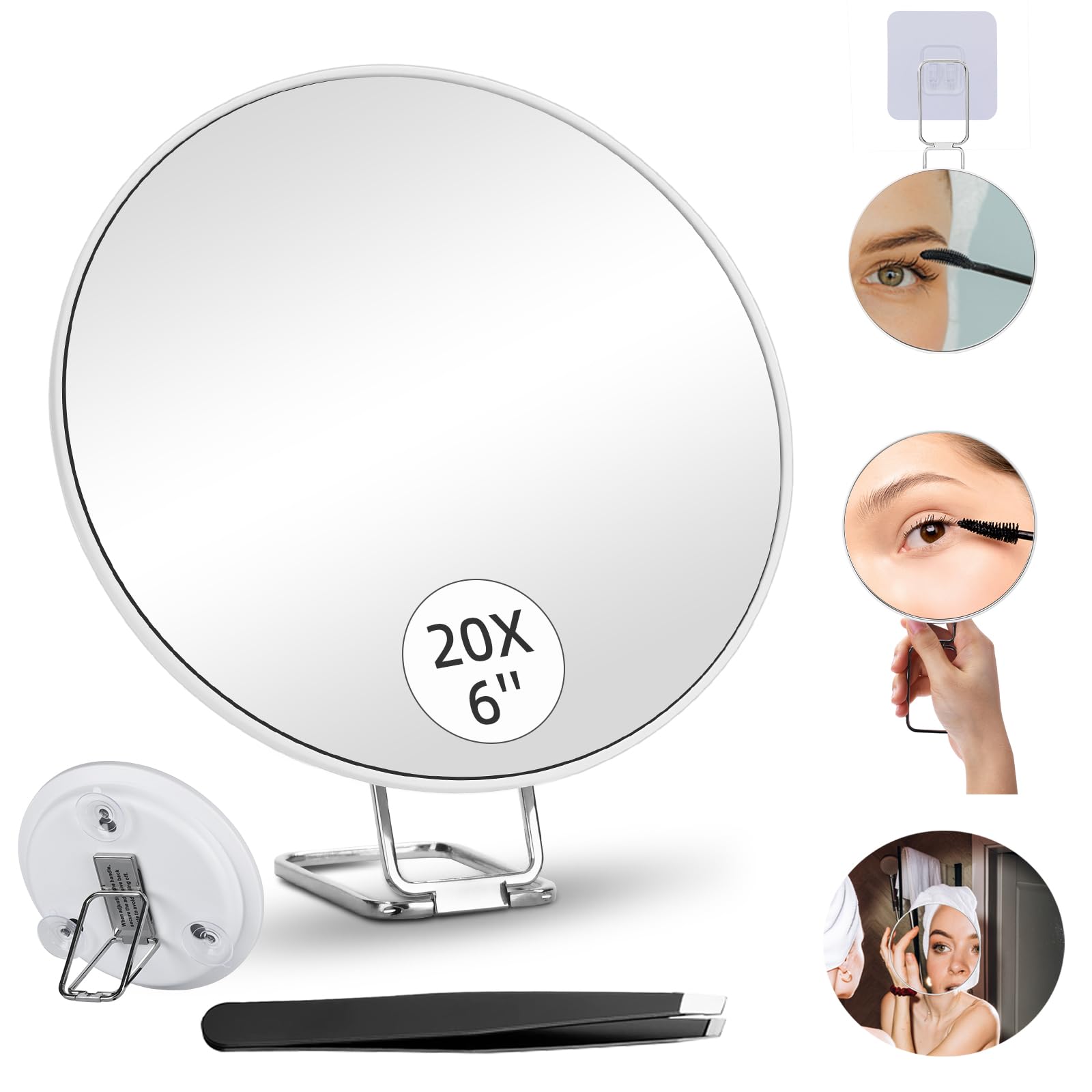Suupvaor Espejo de Aumento de 6" 20X con 3 ventosas y Soporte Ajustable 360°, Espejo de Maquillaje Grande con Aumento 20X para Llevar en la Mano, de Mesa, de Pared