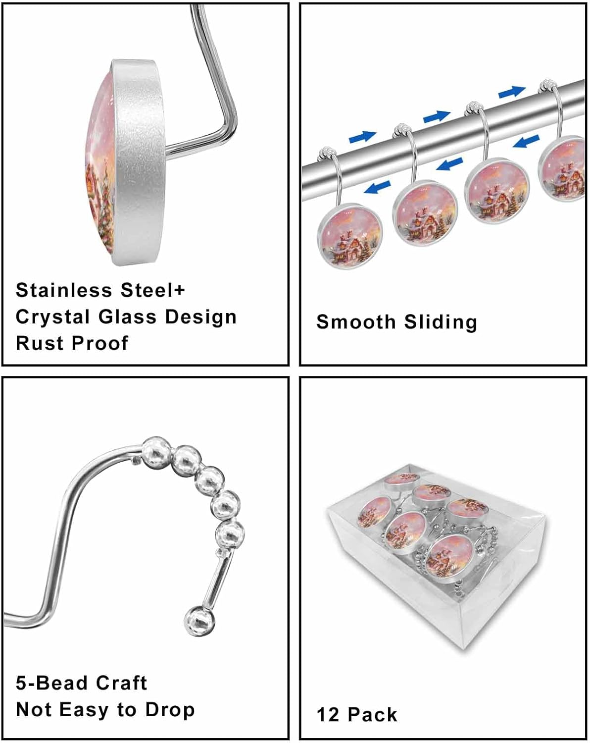 Shower Curtain Hooks 12 Pcs Christmas Candy House Pink Snow Scene Evergreen Wreath Stainless Steel Rust Proof Rolling Shower Curtain Rings, Decorative Shower Curtain Hooks Hangers for Bathroom