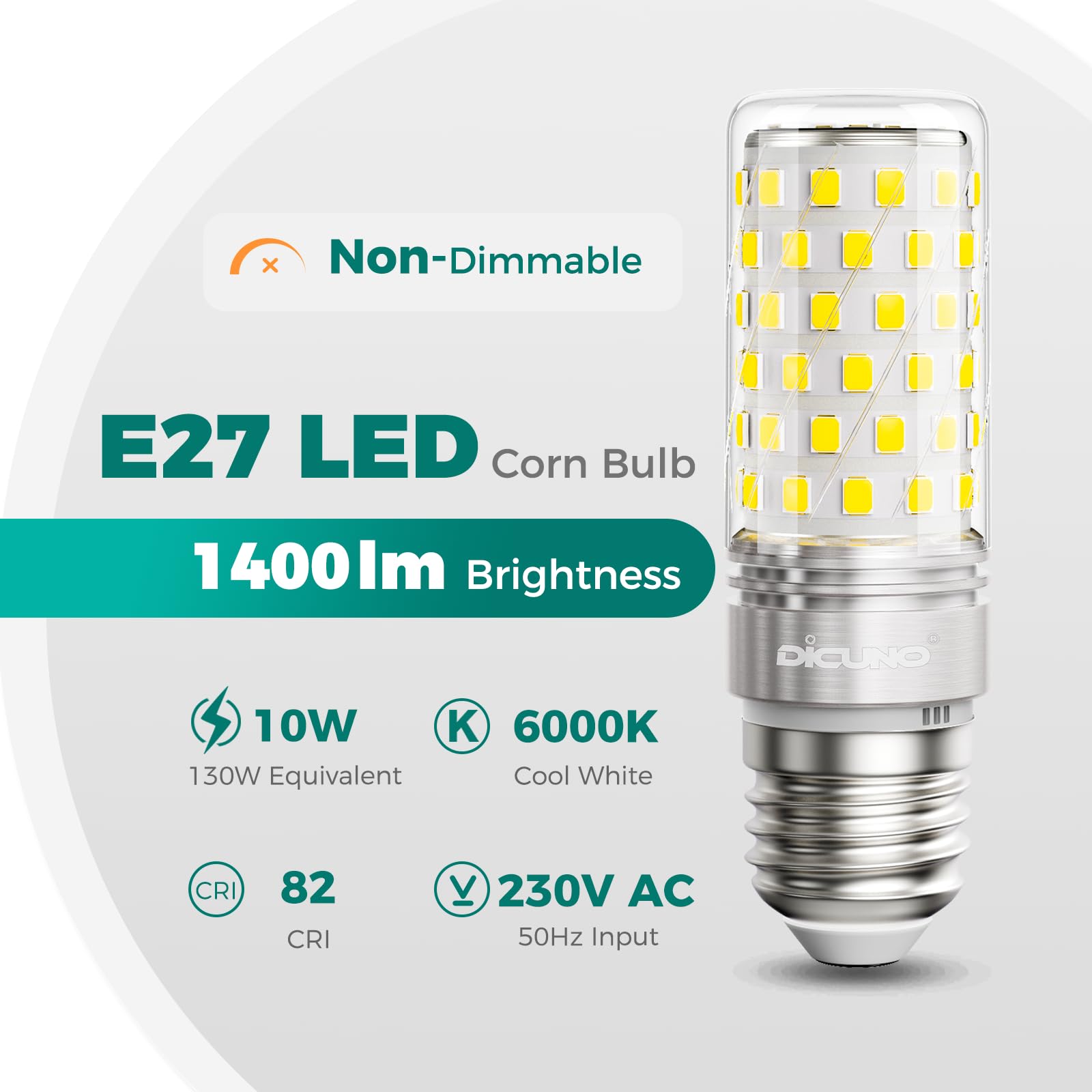 DiCUNO Bombilla LED E27 Maíz 10W, Equivalente halógena 130W, 1400lm, Luz frío 6000K, No regulable, 230V, Casquillo E27 estándar, Ahorro de energía, Pack de 2