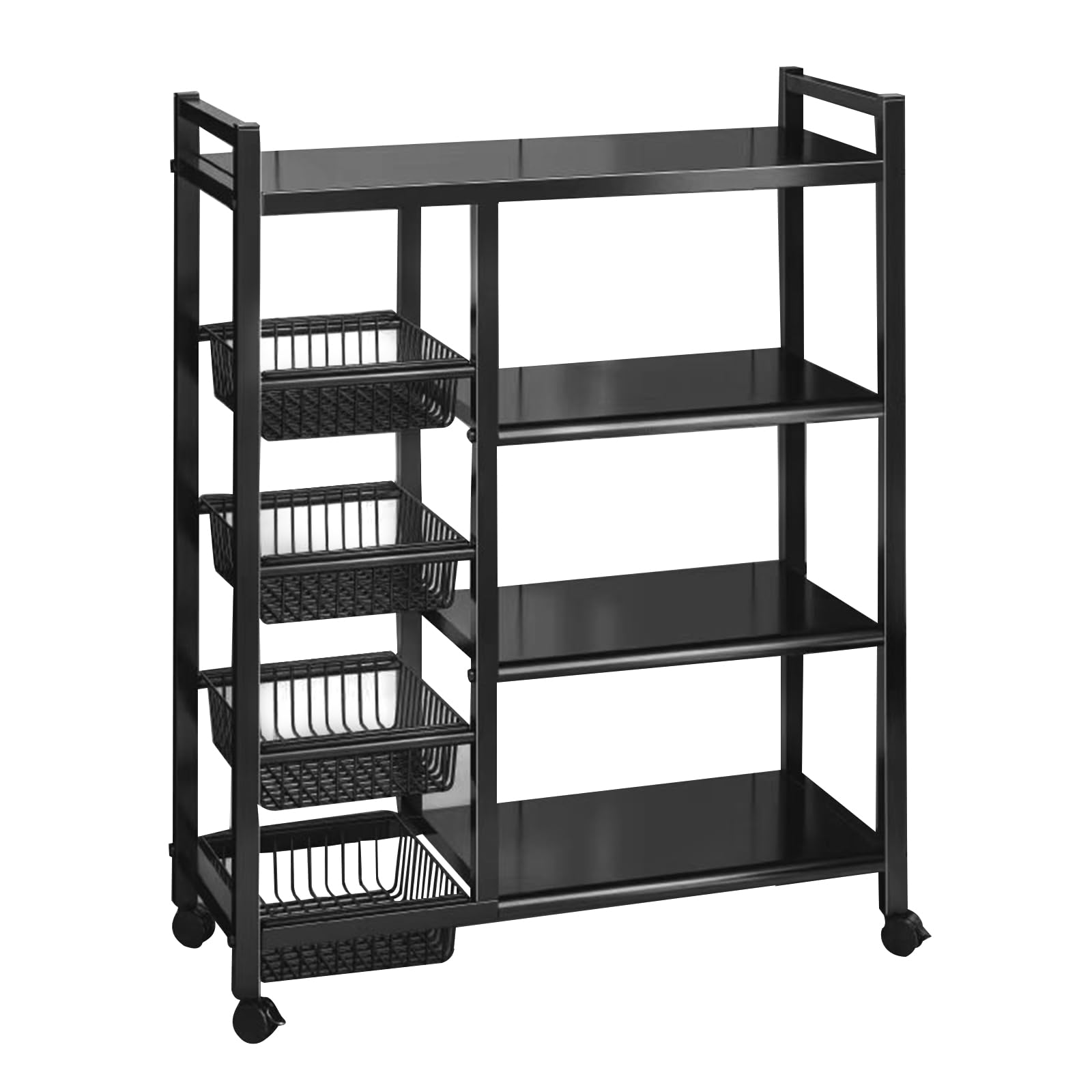 Gevvnss 4 Tiers Heavy Duty Metal Storage Racking Shelf with Wheels,Adjustable Metal Shelving Unit 3 Removable Baskets,Slide out Utility Cart for Pantry Bathroom Laundry Room(80x32x108cm,Black)