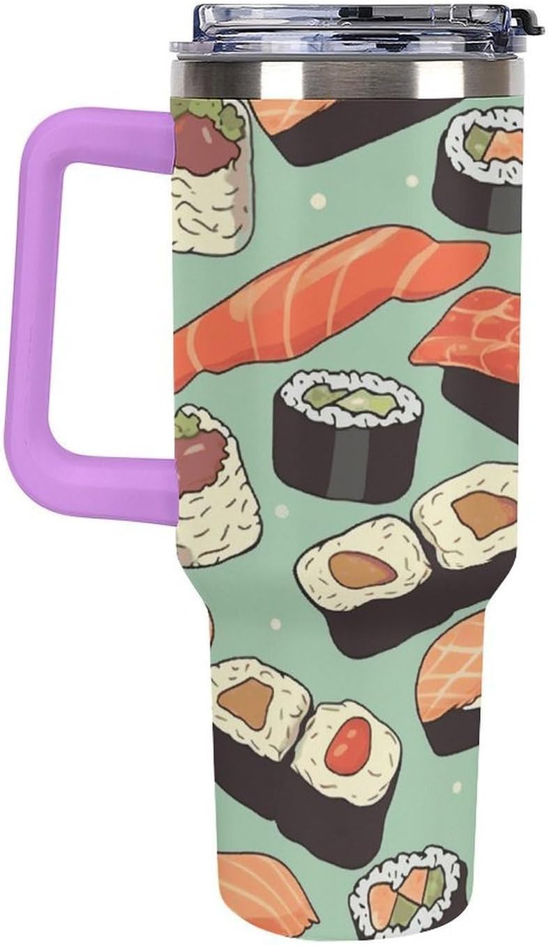 Sushi Food Pattern Tumbler 40 Oz with Handle&Lid Large Car Cup Stainless Steel Vacuum Travel Mug Insulated Water Bottle Leak-proof Portable Coffee Cup for Home Car Outdoor
