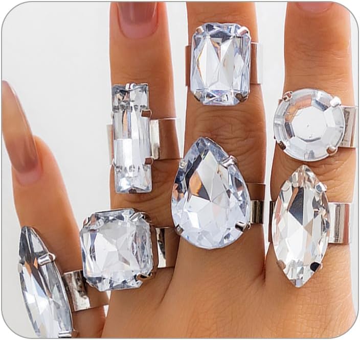 FUTIMELY 7Pcs Exaggerated Chunky Large Rhinestone Ring Set,Glitter Heart Square Oval Teardrop Knuckle Rings,Unique Red Crystal Open Rings Pack Cocktail Jewelry