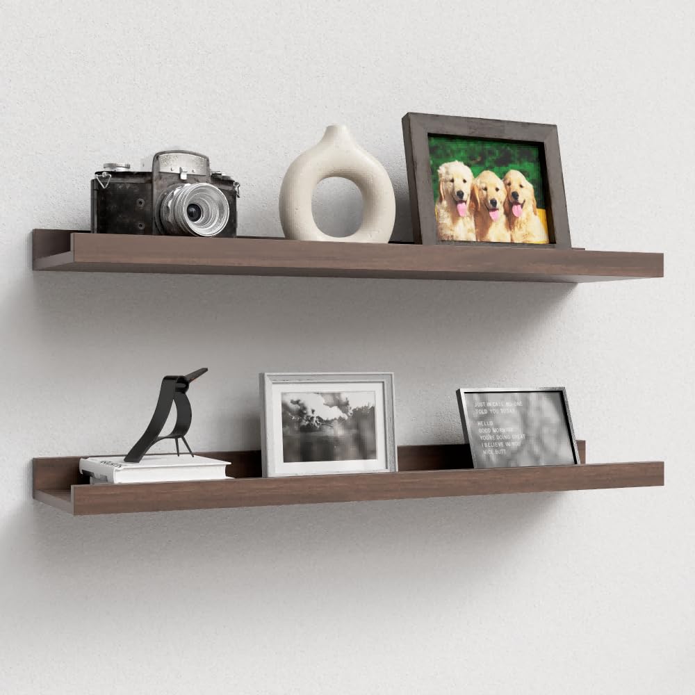 Boswillon 23.6 Inch Long Floating Shelves - 2 Set Farmhouse Wall Shelf for Bedroom, Nursery Book Shelf with Lip, Picture Ledge Shelf for Wall Decor Living Room Bathroom Kitchen - Walnut