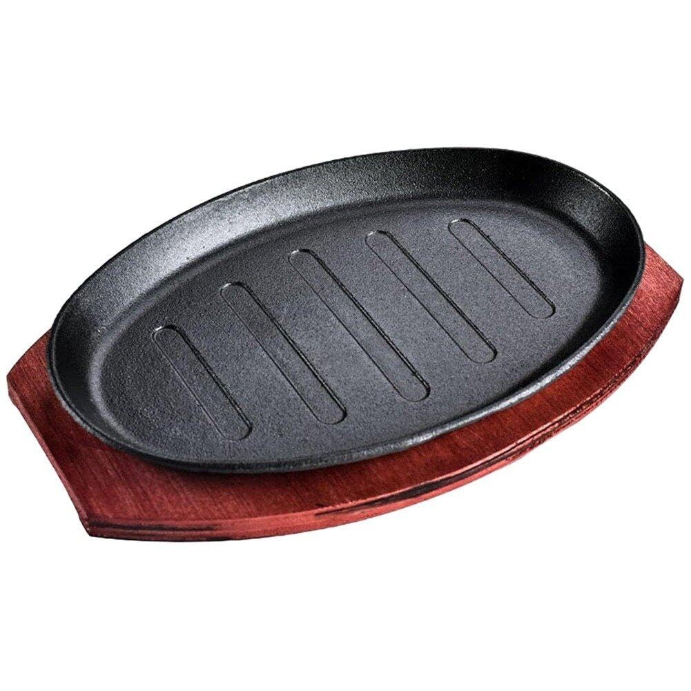 Poêle de cuisine en fonte avec plateau en bois pour steak rayé et grillades