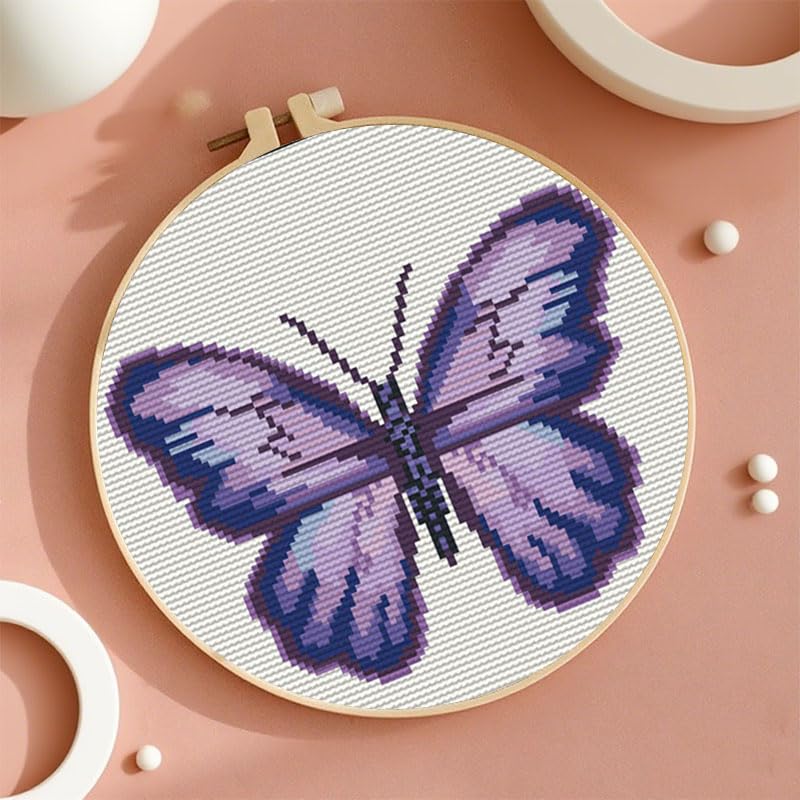 Image of Purple Butterfly 11CT Stamped Cross Stitch Kits Easy for Beginners Child with Hoop DIY Needlepoint Counted Embroidery Kits Art Craft Wall Decor 12x12IN(2)