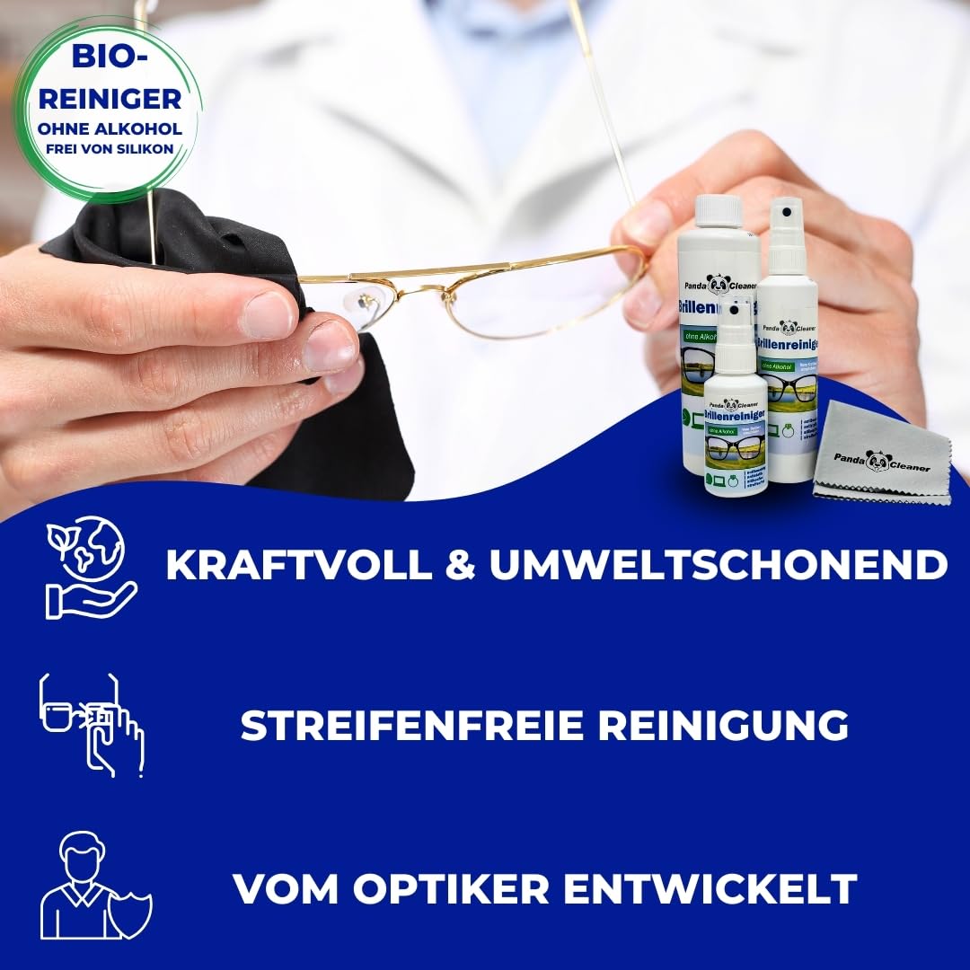 PANDACLEANER Środek do czyszczenia okularów, spray 50 ml + butelka uzupełniająca 250 ml, bez alkoholu, czyszczenie bez smug, formuła zapobiegająca zaparowaniu, wyprodukowano w Niemczech