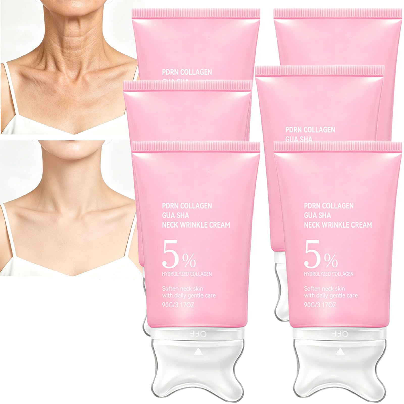 Crema hidratante antiarrugas para el cuello con colágeno y masajeador Gua Sha incorporado, hidratante reafirmante y lifting para el cuello, bálsamo multiusos con colágeno y péptidos PDRN. (6 piezas)
