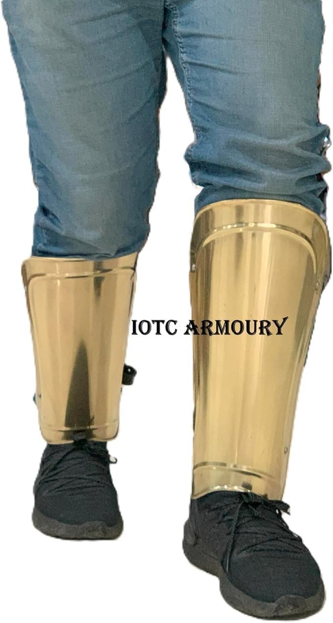 Medieval LARP Warrior Steel Pair of Leg Guard Greaves Armor Knight Halloween Costume - Brass Finish