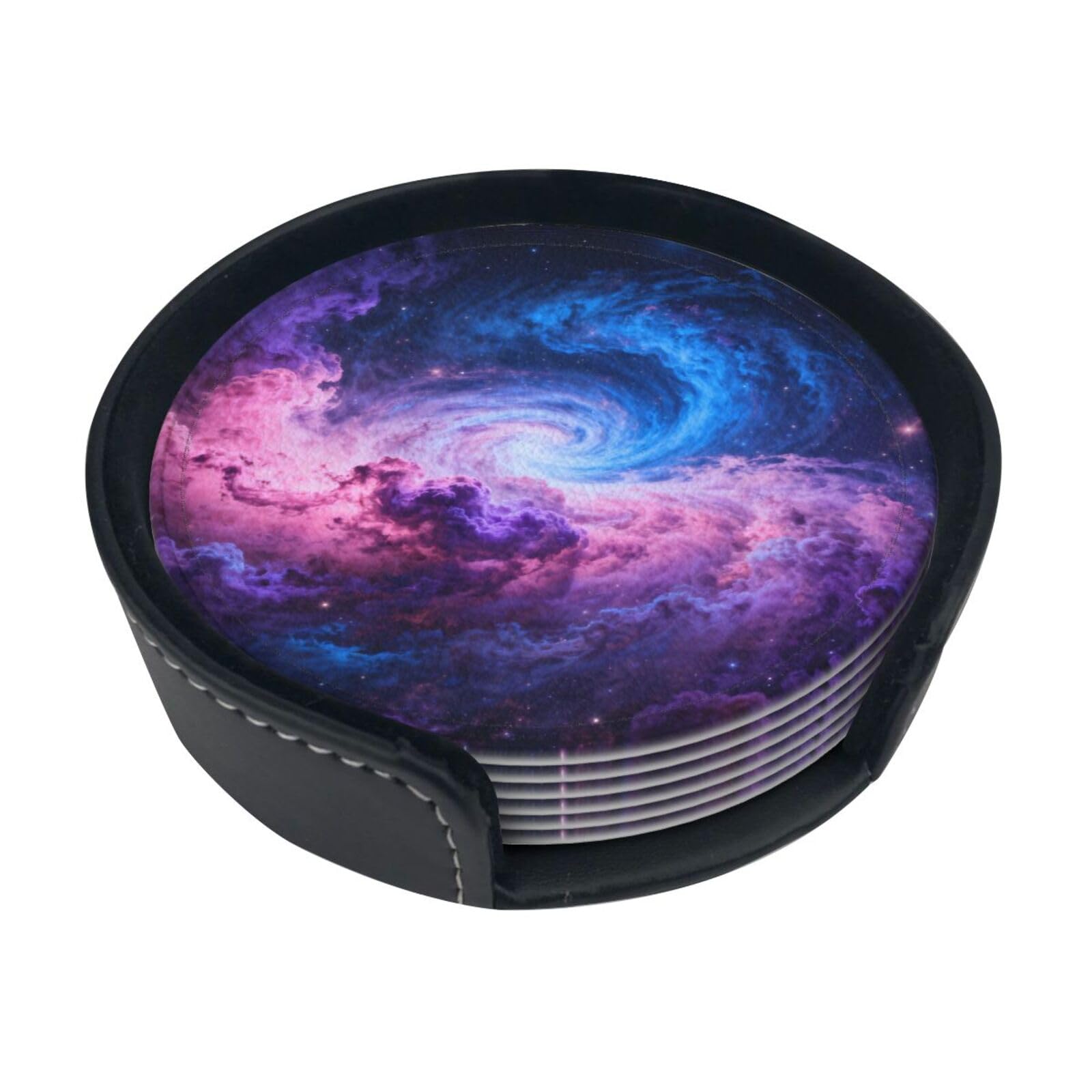 Cntdbu White Nebula Swirl Leather Coasters Set Of 6-Pu Leather Drink Mats For Table, Heat Resistant Round Coasters With Holder