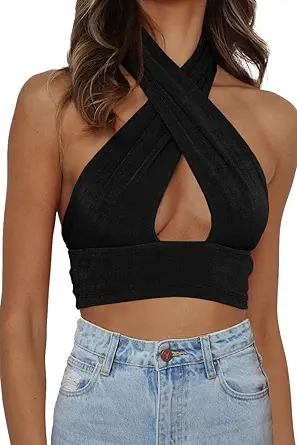 Dealmore Women's 2023 Summer Crop Top Halter Neck Criss Cross Backless Tops Sexy Going Out Y2k Cami Tank Bustier Corset