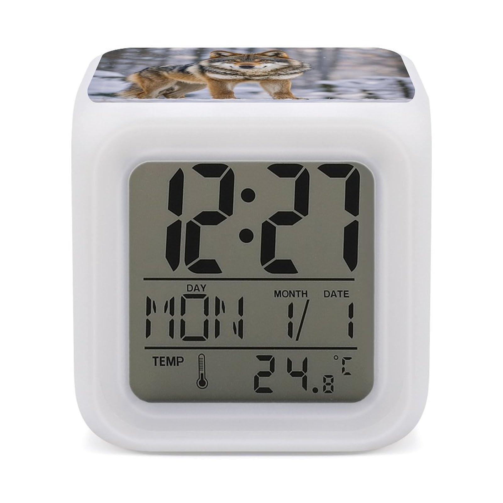 LZQPOEAS Wolf Alarm Clock Desk Clock with 7 Color Changing Night Light Digital Clocks with Temperature Display Sleep Training and Sound Machine for Heavy Sleeper