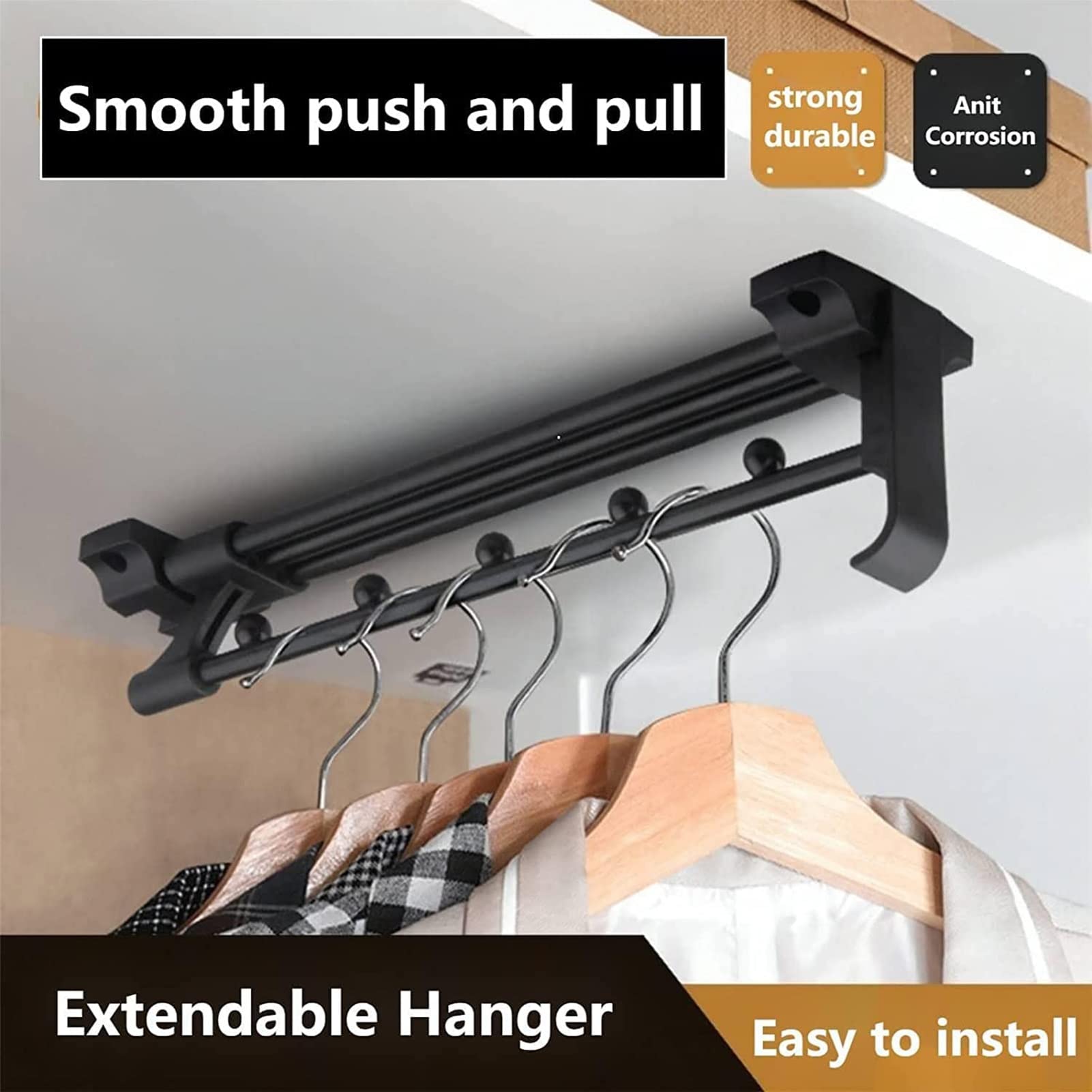 Uittrekbare hanger rail spiegel stijl, uitschuifbare kast staaf belasting 25 kg, zware kledingkast rail buis, zelf uittrekbaar kledingrek voor kledingkast, visie
