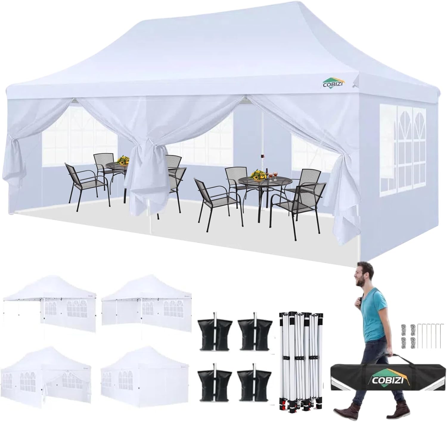 (similar to as is )COBIZI 10x20 Pop Up Canopy with 6 Sidewalls,Waterproof Instant Party Tents for Weddings & Parties, Easy Up Commercial Canopy Tent,UPF 50+ UV Protection, 3-Height Adjustable Frame & 4 Sandbags White White 10x20FT (with 6 Removable Sidewalls)
