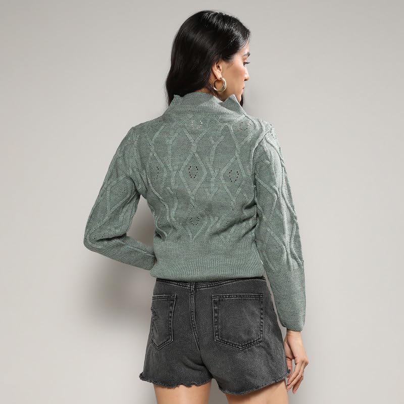 Image of PINACOLADA Women's Solid Ribbed Cropped CardiganFor Casual Wear | V Neck | Long Sleeve | Wool Sweater Crafted with Comfort Fit for Everyday Wear