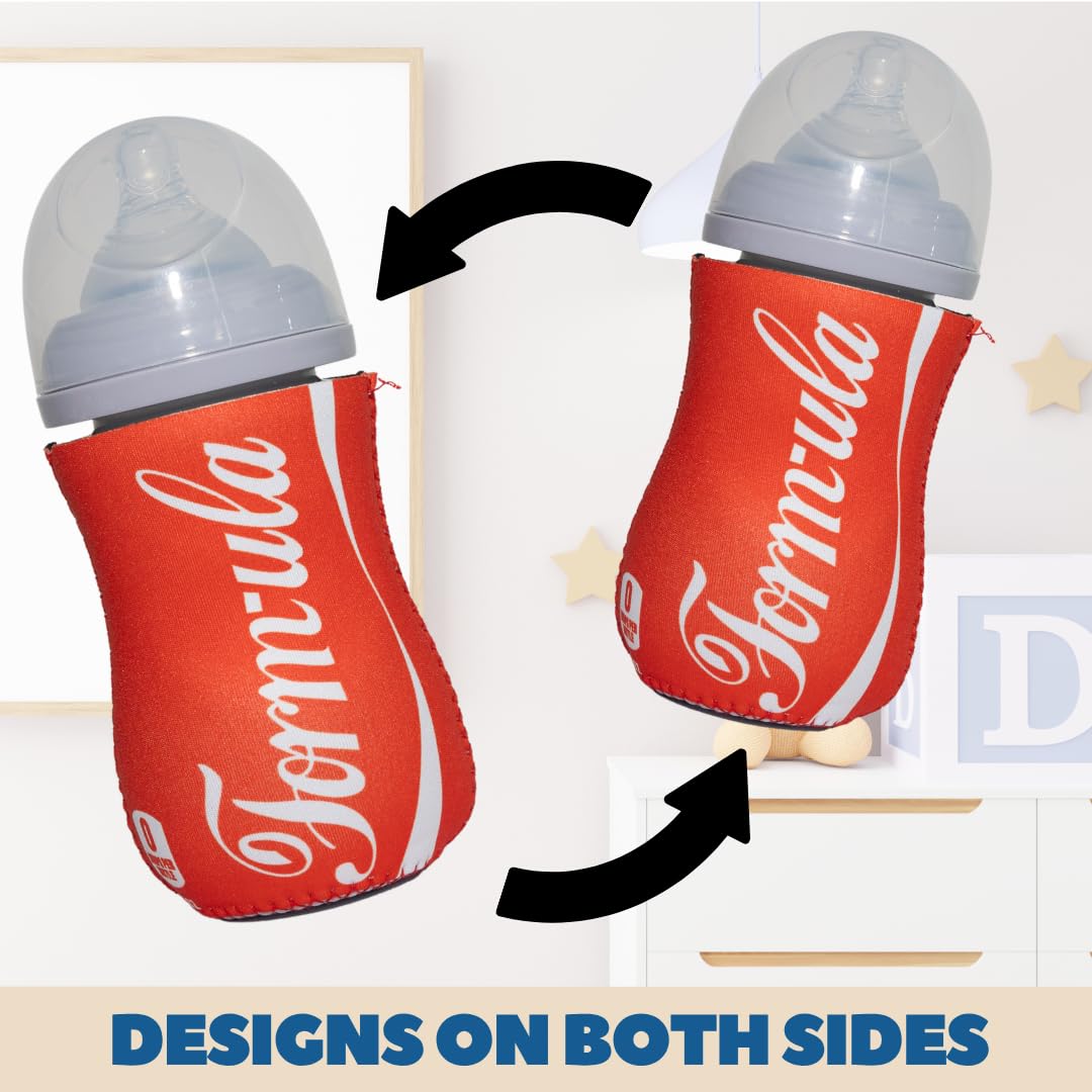 Soft Drink Themed Coozies for Baby Bottles - Funny Gift for New Parents & Baby Showers - (2 Premium Designed Neoprene Coozies + BPA/Lead/Phthalate Free Bottle Included)
