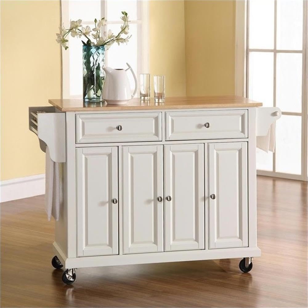 Crosley Furniture Full Size Wood Top Rolling Kitchen Island Storage Cart, Microwave Stand, Spice Rack, White