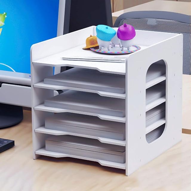 Wooden Desk Organiser Desktop File Sorter A4 Filing Letter Tray Document Magazine Rack Paper Holder Files Frame Dividers DIY Documents Storage Box Desk Tidy Organiser for Office Home 5 Tier