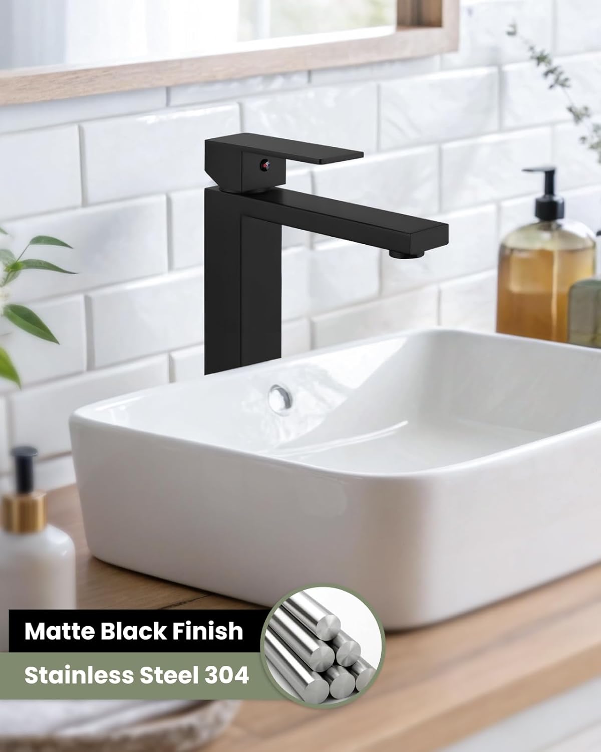 gotonovo Vessel Sink Faucet Single Handle Tall Bathroom Faucet One Hole Modern Lavatory Vanity Basin Mixer Tap Matching Supply Hoses and Pop up Drain Without Overflow, Matte Black - Image 2