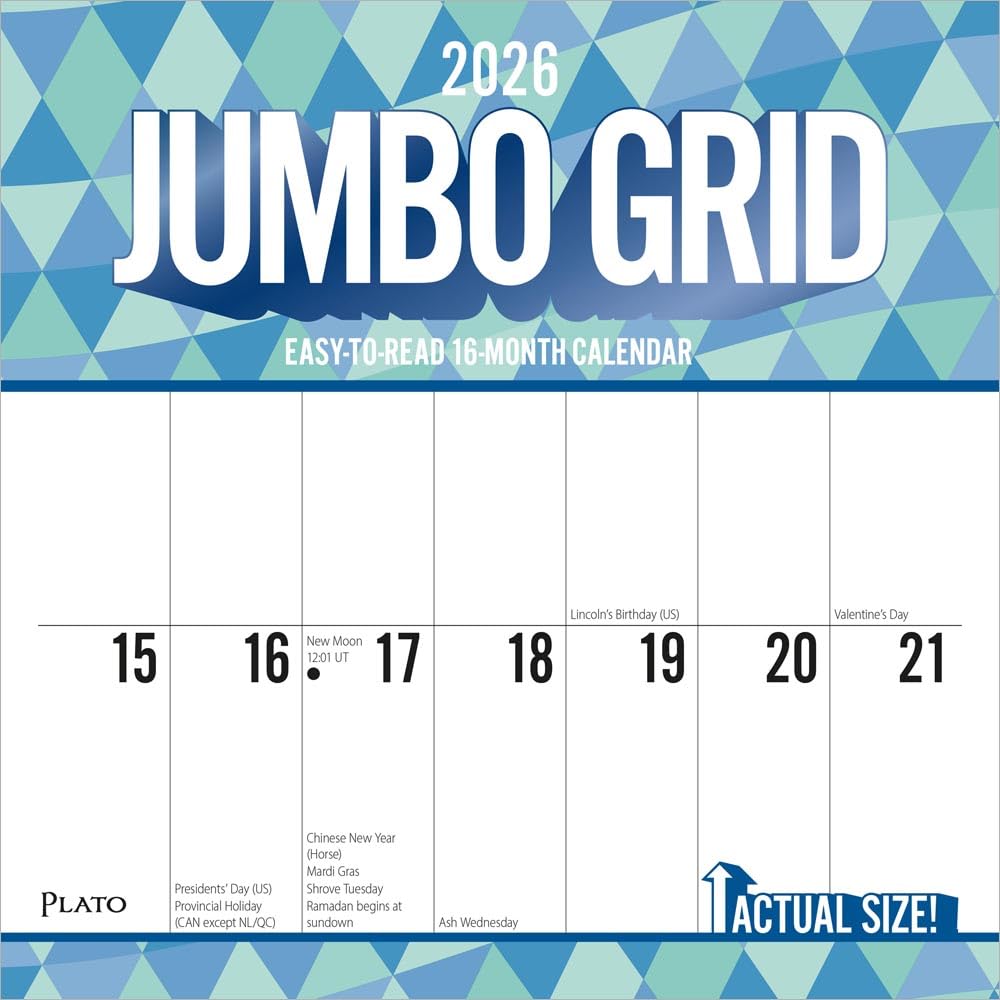 Jumbo Grid Large Print | 2026 12 x 24 Inch (Hanging) Monthly Square Wall Calendar | Matte Paper and Foil Stamped Cover | Plato | Easy to See Large
