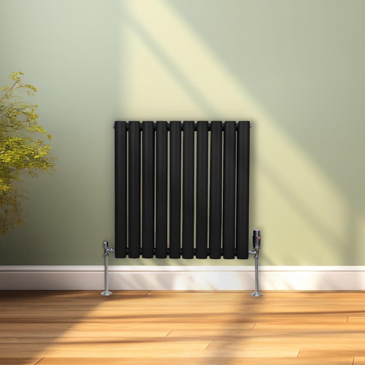 Radiatore a colonna ovale 600 mm x 600 mm Designer Doppio pannello Termosifone Nero Acciaio Inclusi Spazzola per la pulizia Kit di fissaggio e staffe