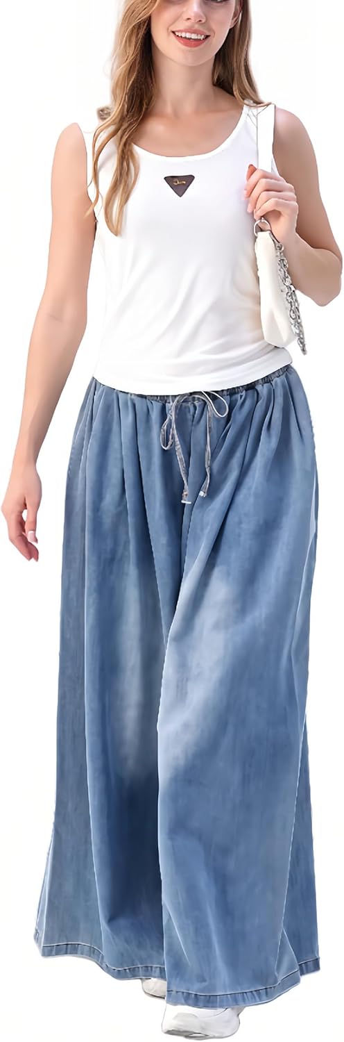 Extra Wide Leg Denim Pants for Women Long Jeans Elastic Waist with Pockets Plus Size Loose Casual - Image 3