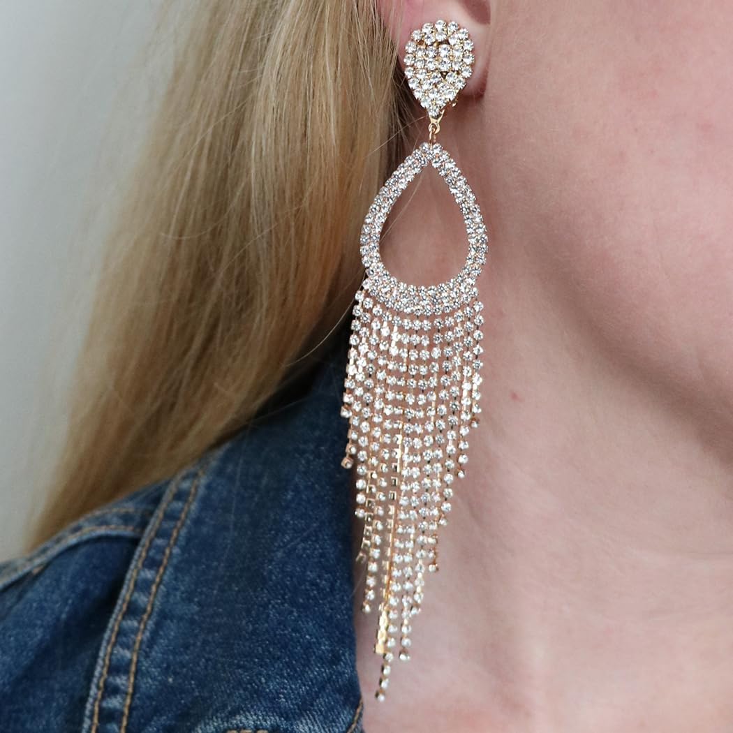 Rosemarie Collections Women's Stunning Bejeweled Crystal Rhinestone Teardrop Fringe Statement Shoulder Duster Earrings, 5.75"