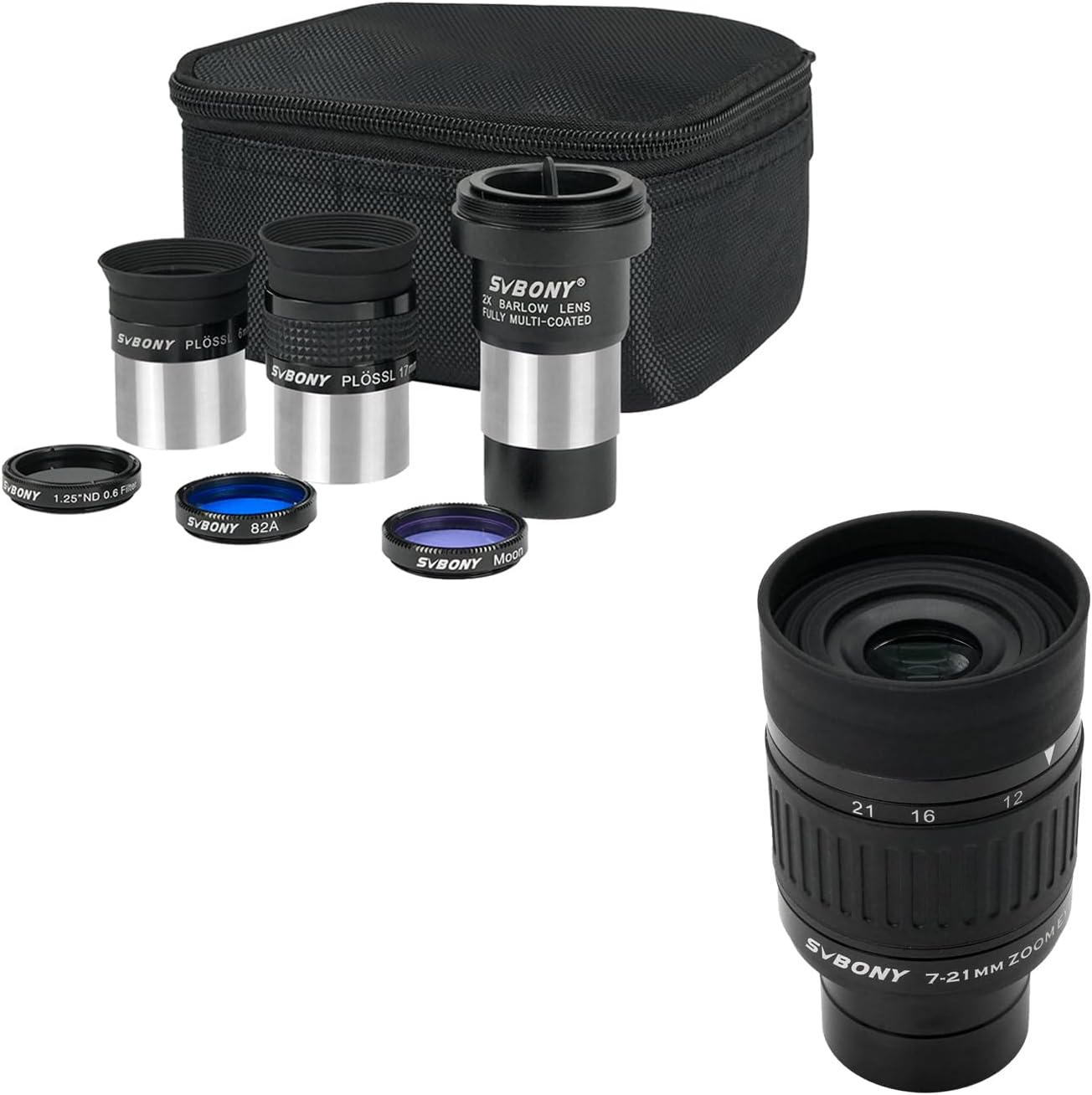 SVBONY SV135 1.25” Zoom Eyepiece, Zoom 7 to 21mm Telescope Eyepiece 5 Element 3 Group Bundle with SV233 7PCS Telescope Accessory Kit, 2 Plossl Eyepieces, 3 Filters, for Astronomical Observations