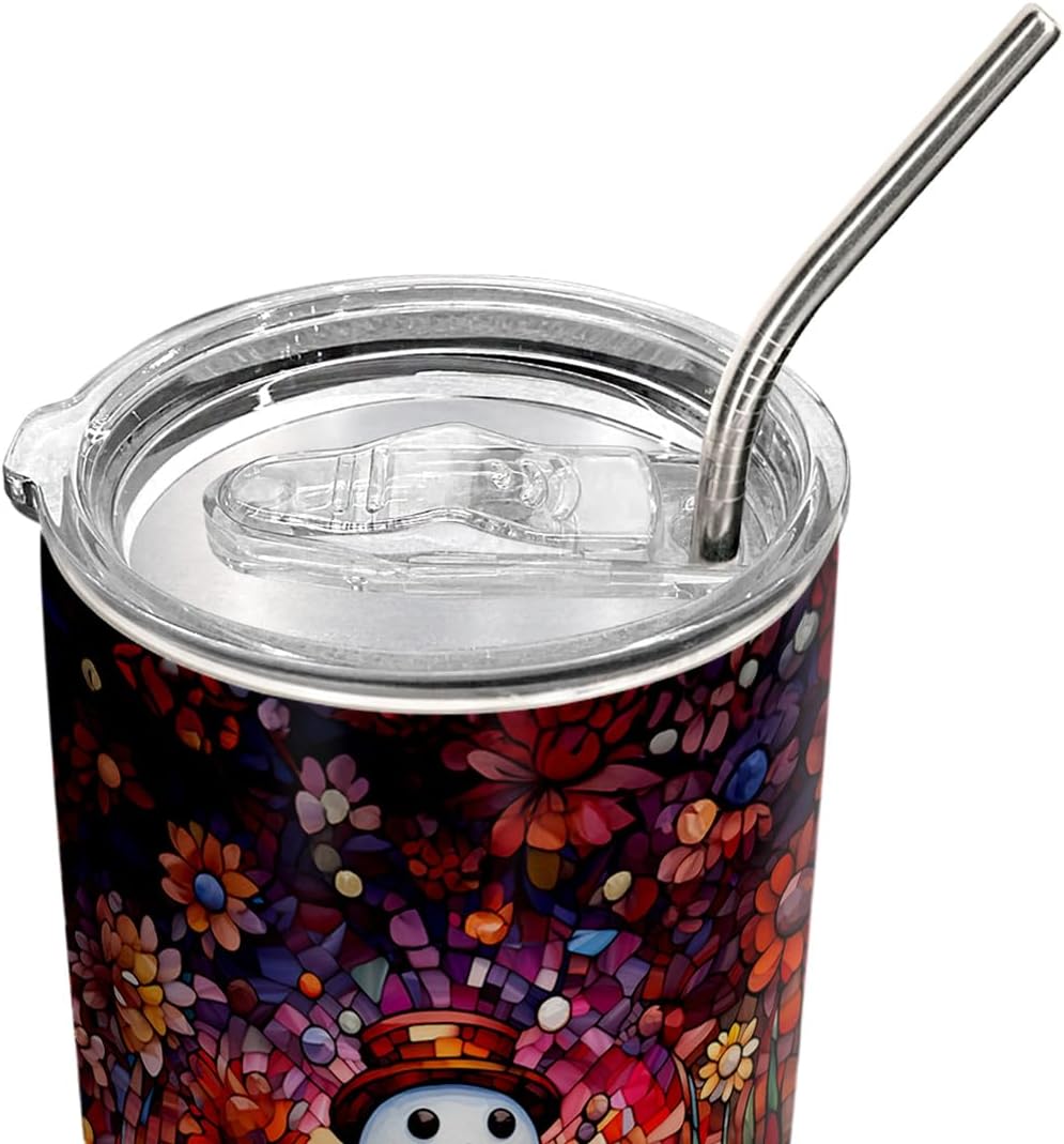 20oz Stained Glass Snowflakes Crystal Floral Flower Snowman Tumbler, Coffee Tumbler for Women, Stainless Steel Double Wall Vacuum Insulated Coffee Mug, Travel Cup with Lid