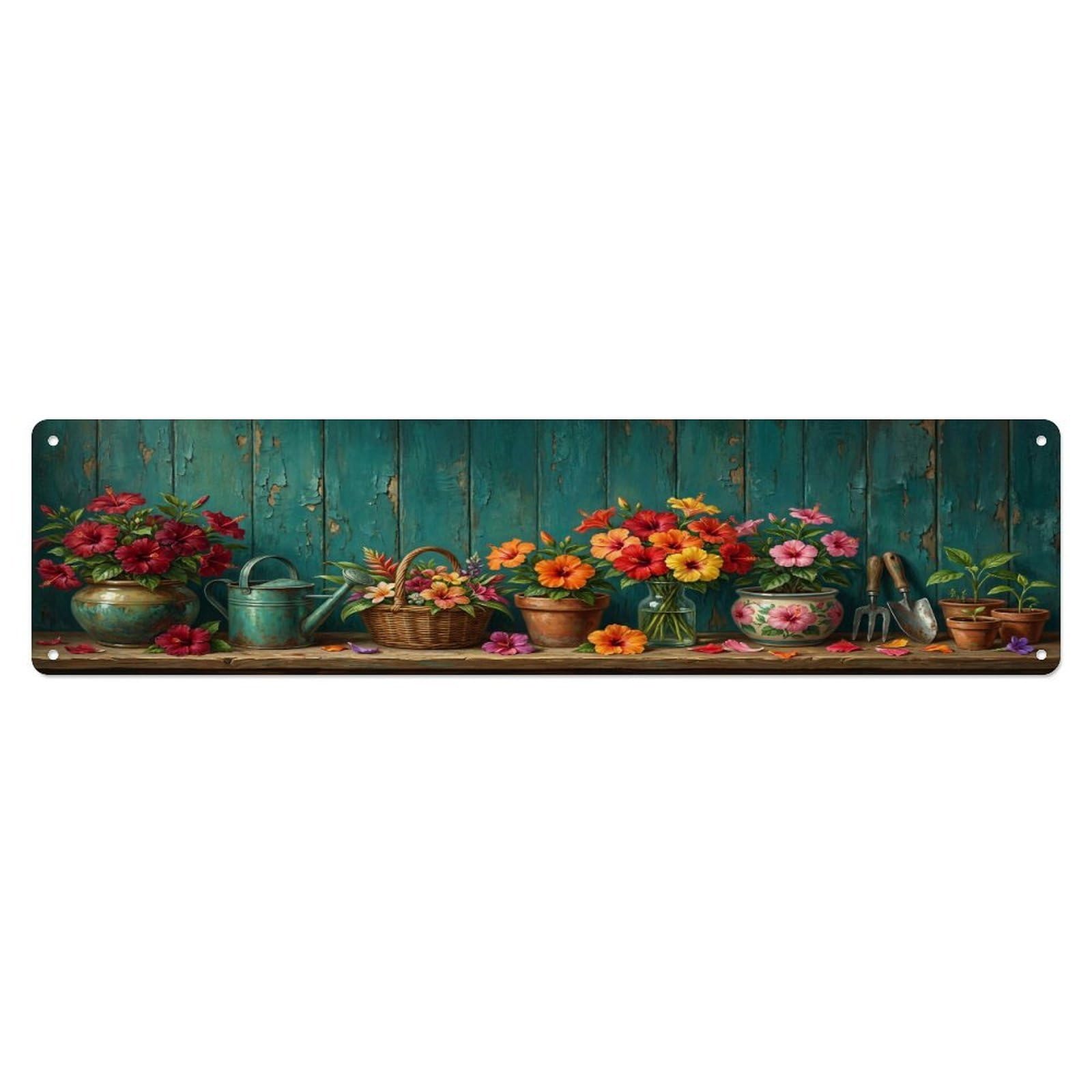 Floral Garden Tools Hibiscus Tropical Pattern Print Metal Tin Sign