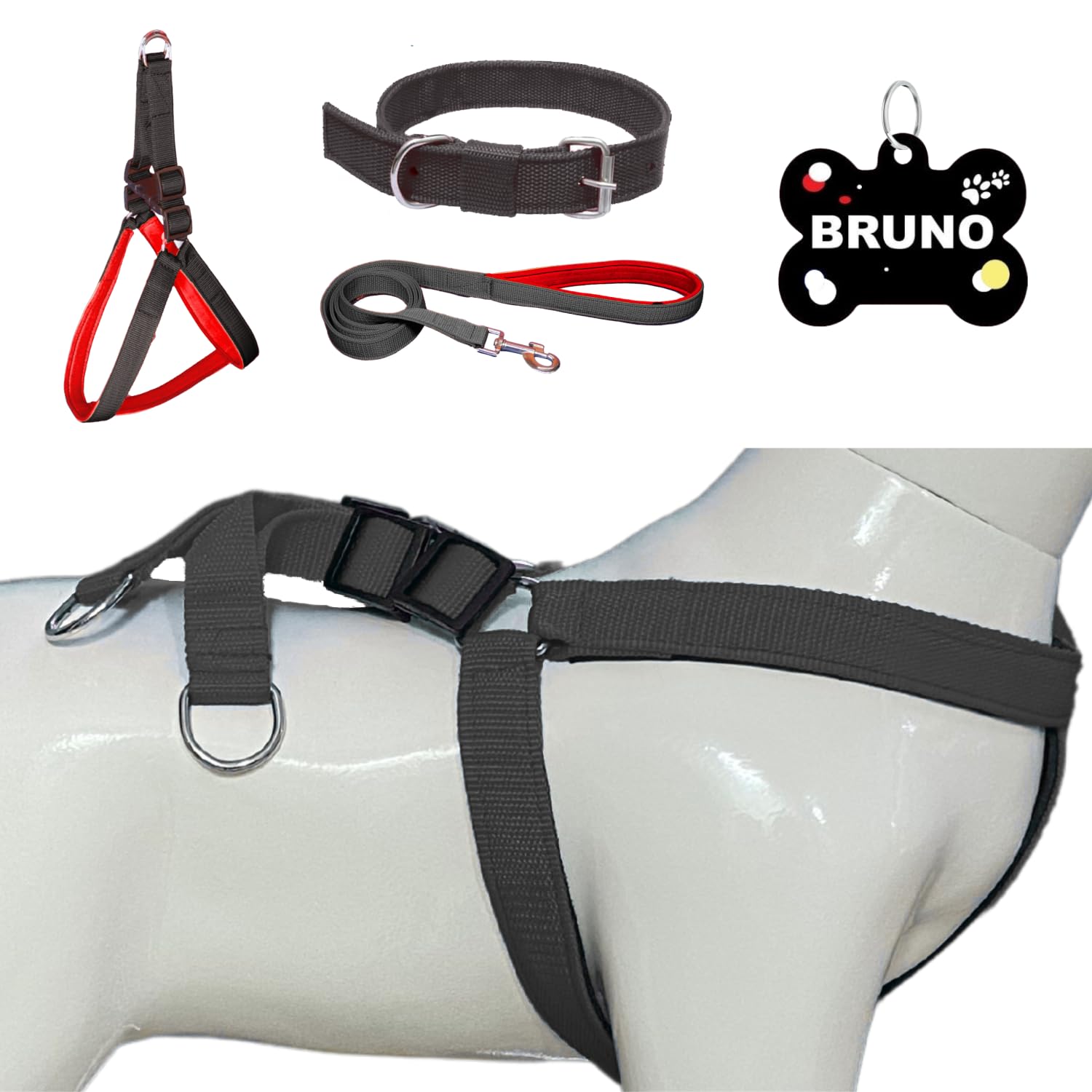 PAYTON PERRY Personalized No Pull Dog Harness Leash Collar Combo for Small Medium Large Dogs | with Custom Name Tag | Soft Padded, Adjustable (Recommended for 24-35KG Pet) (Large, Black-Red) (B0CZF25V84) Amazon Price History, Amazon Price Tracker