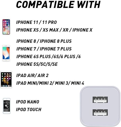 Miniatura 6 de Cargador de iPhone doble USB con certificación MFi (6/6 pies) con 2 puertos adaptadores de cargador de pared (paquete de 4) bloque de carga rápida